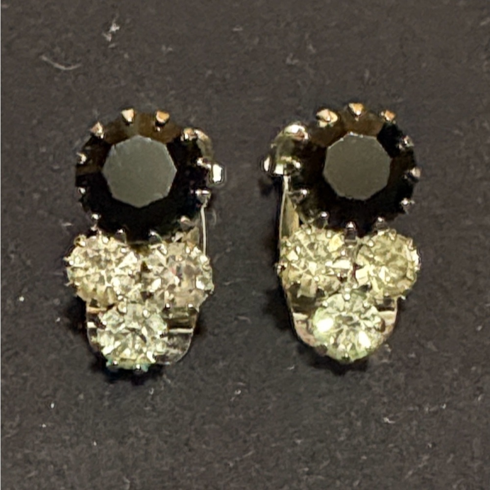 Women’s Vintage Black & Clear Rhinestone and Silver Tone Earrings